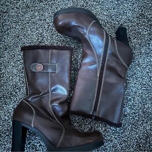 Candie's Chocolate Heeled Boots with Button Accent